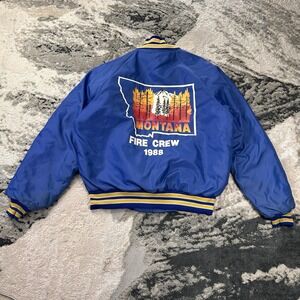 Vintage 1988 Montana Fire Crew Satin Bomber Jacket Size Large Blue